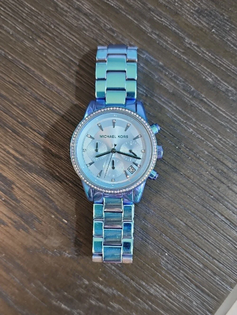 MICHAEL KORS Iridescent Blue Chronograph Watch with Crystal Bezel